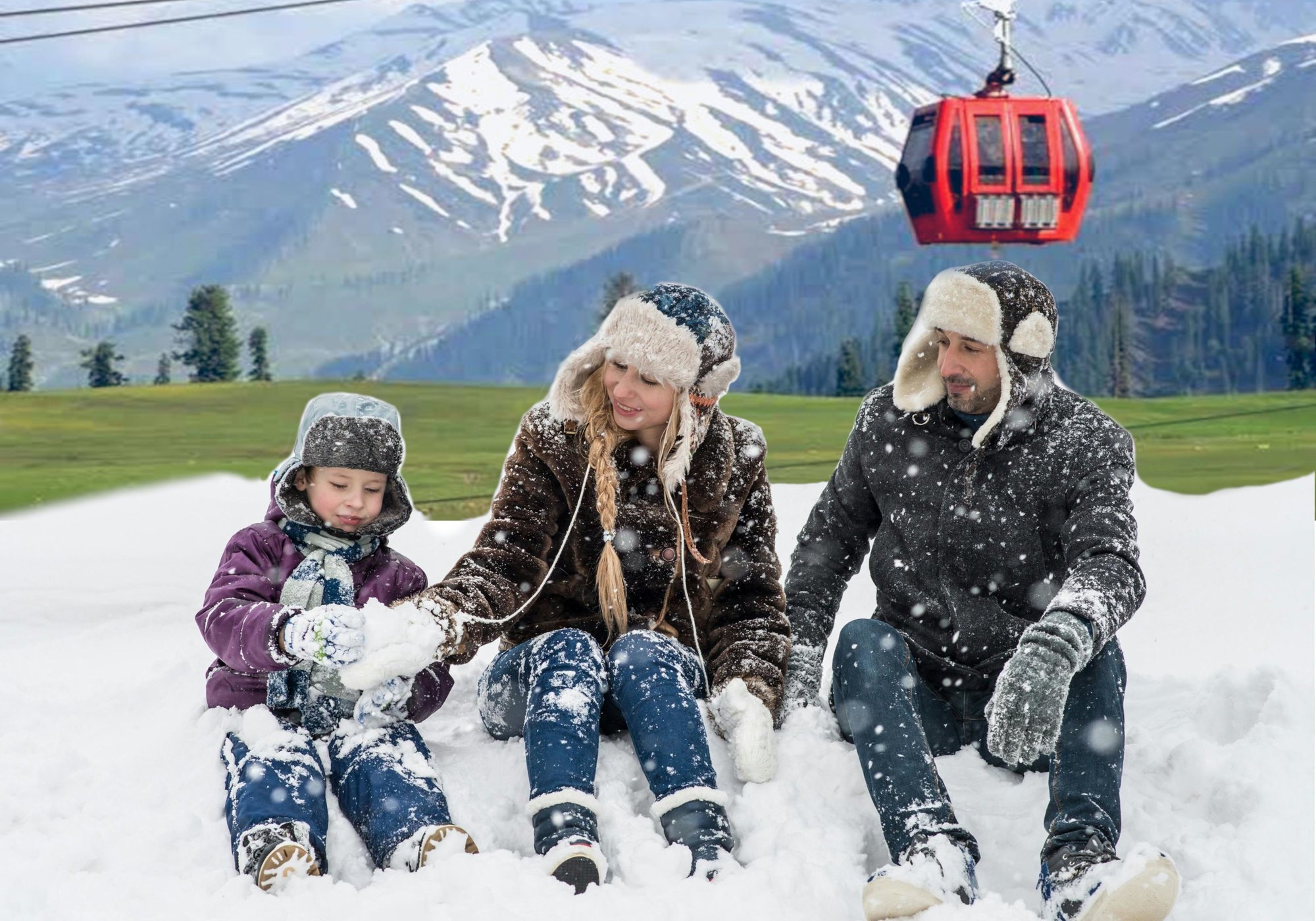 Family Fun Tour Kashmir - family playing in Gulmarg snow with gondola